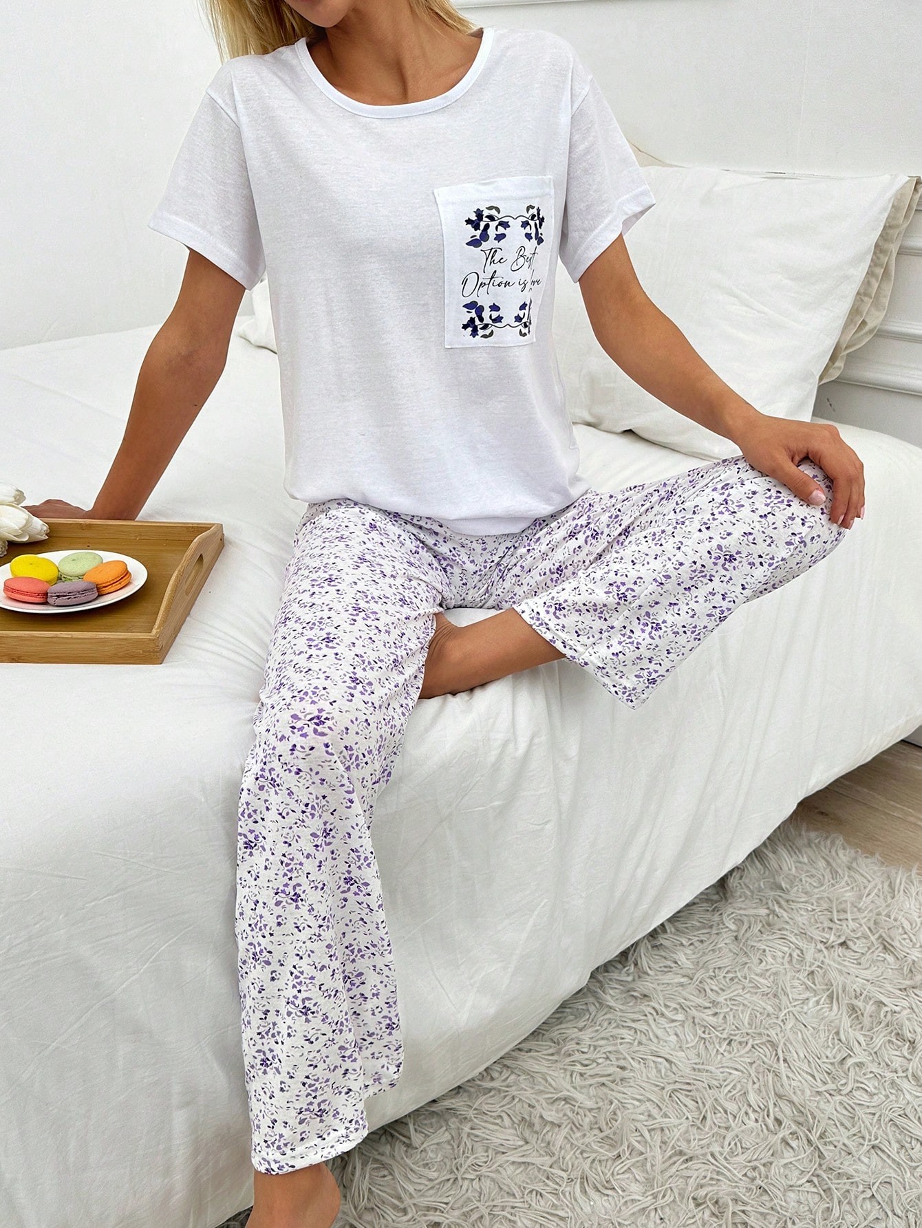 Cottnline Ensemble pyjama de 2 pièces avec chemise à poche en coton et détail d'impression de slogan et bas de sommeil - 35423761