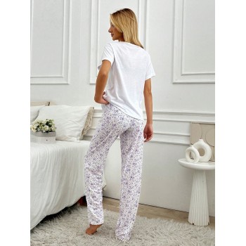 Cottnline Ensemble pyjama de 2 pièces avec chemise à poche en coton et détail d'impression de slogan et bas de sommeil - 35423761