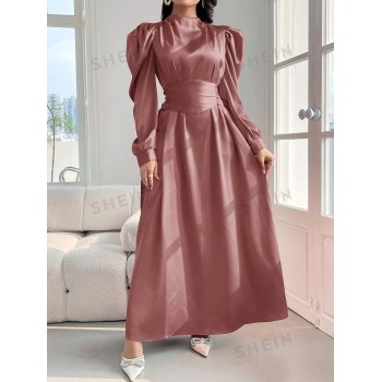 SHEIN Modely Robe à manches longues élégante et plissée pour femme à col montant de couleur unie - 36654681