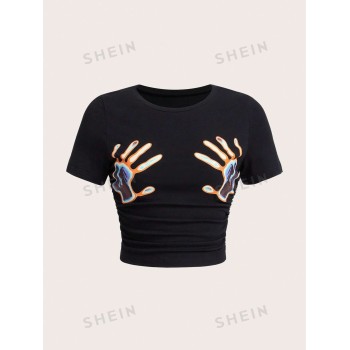 SHEIN EZwear T-shirt Court Froncé Avec Impression De Main Abstraite Noire - 15023746