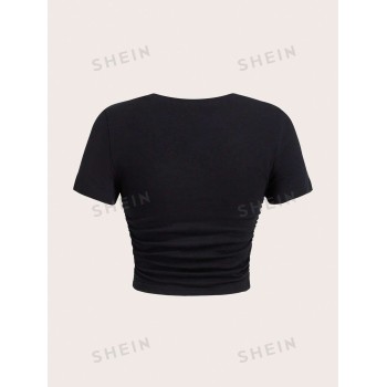 SHEIN EZwear T-shirt Court Froncé Avec Impression De Main Abstraite Noire - 15023746