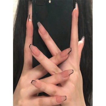 24 pièces Conseils d'ongles faux style ballet français nude et noir avec design pressé et détachable, offerts avec de la colle en gelée et une lime à  ngles pressés Accessoires d'ongles - 32762706