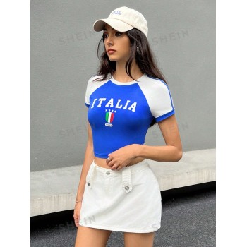 SHEIN EZwear T-shirt de baseball pour femmes d'été avec imprimé de lettres, manches raglan à blocs de couleurs ajustées - 38251311