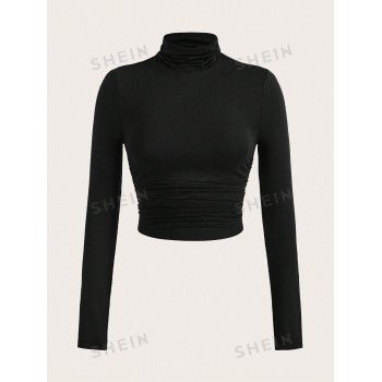 SHEIN EZwear Tee-shirt Noir À Encolure Montante Froncée - 22762659