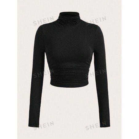 SHEIN EZwear Tee-shirt Noir À Encolure Montante Froncée - 22762659