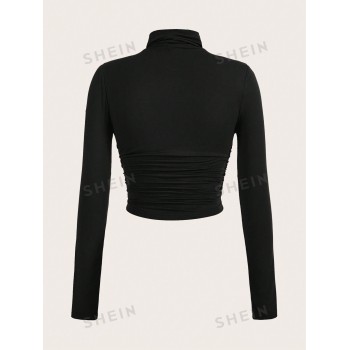 SHEIN EZwear Tee-shirt Noir À Encolure Montante Froncée - 22762659