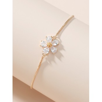 1 pièce bracelet réglable en forme de fleur en cuivre avec cordon de serrage incrusté de zircone cubique, parfait pour les femmes à porter au quotidien, pour un rendez-vous, une fête, etc. - 11907173