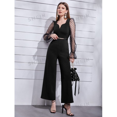 SHEIN Modely Combinaison ample à tulle à pois à manches évasées (sans ceinture) - 7917477