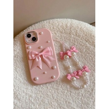 Étui pour téléphone rose à design nœud en perles avec sangle en perles, compatible avec Apple iPhone 15/15ProMax/15Pro/14/13/12/XR- protection douce pour femmes à la mode - 36474633