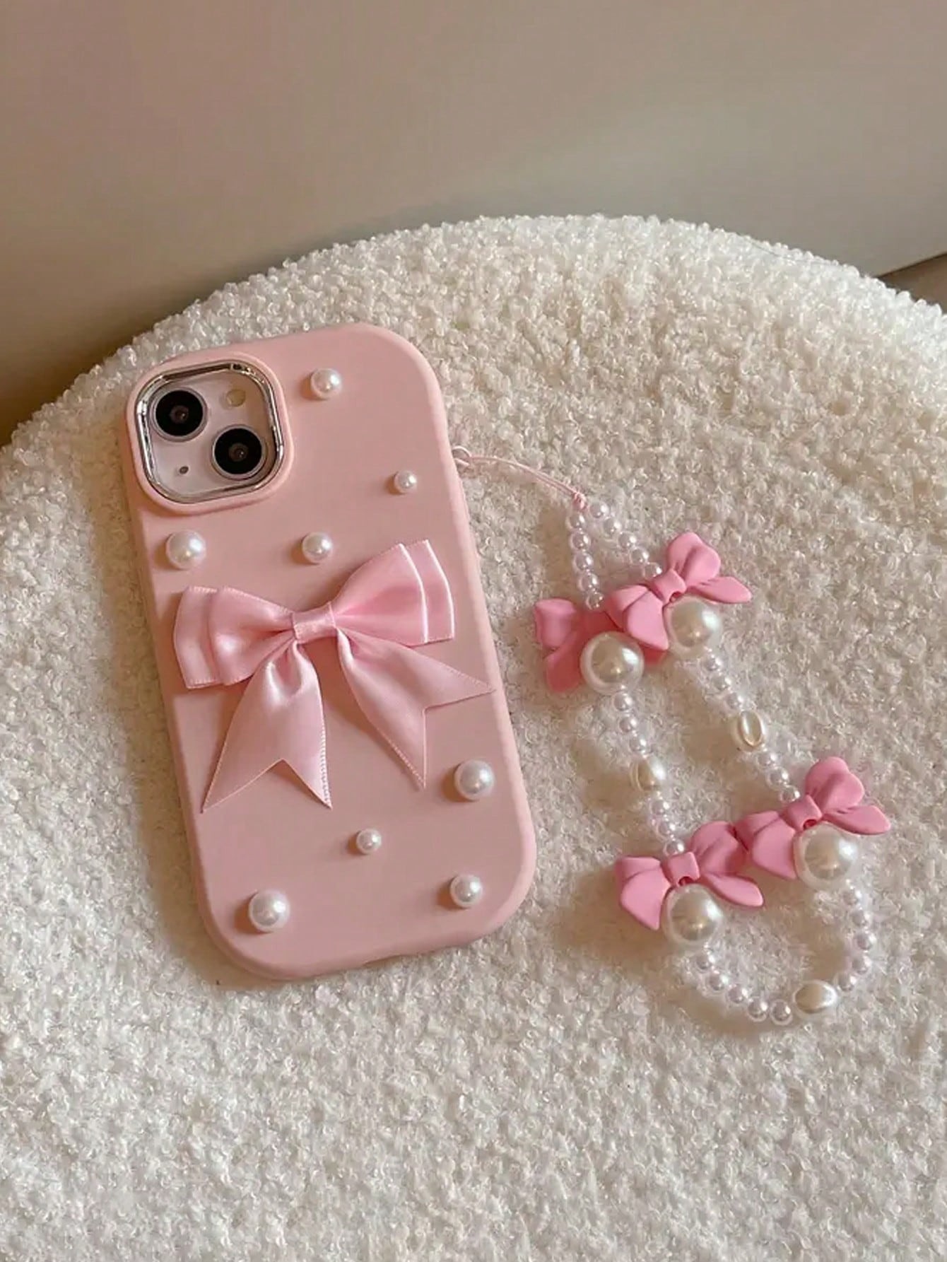 Étui pour téléphone rose à design nœud en perles avec sangle en perles, compatible avec Apple iPhone 15/15ProMax/15Pro/14/13/12/XR- protection douce pour femmes à la mode - 36474633