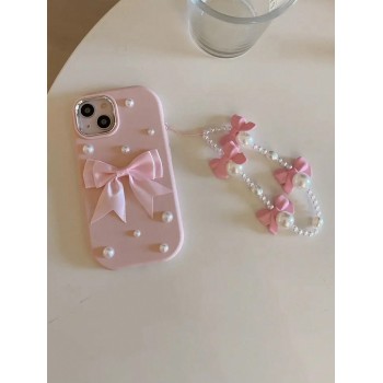 Étui pour téléphone rose à design nœud en perles avec sangle en perles, compatible avec Apple iPhone 15/15ProMax/15Pro/14/13/12/XR- protection douce pour femmes à la mode - 36474633