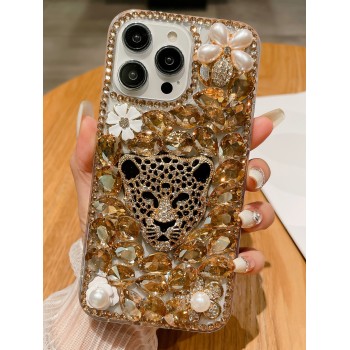 Coque de téléphone à décor léopard en strass, Compatible avec iPhone15/15Plus/15Pro/15Promax - 19559715