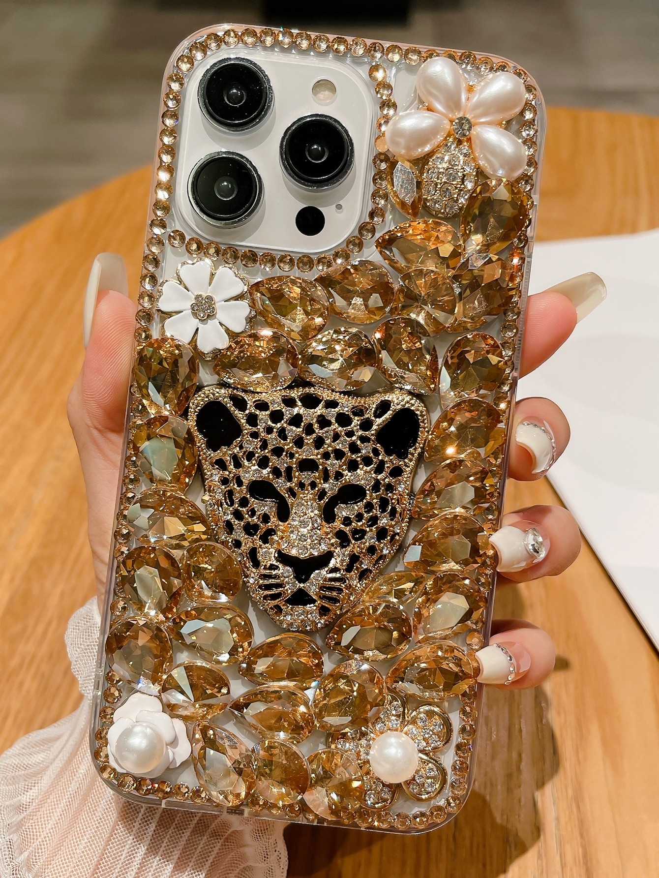 Coque de téléphone à décor léopard en strass, Compatible avec iPhone15/15Plus/15Pro/15Promax - 19559715