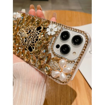 Coque de téléphone à décor léopard en strass, Compatible avec iPhone15/15Plus/15Pro/15Promax - 19559715