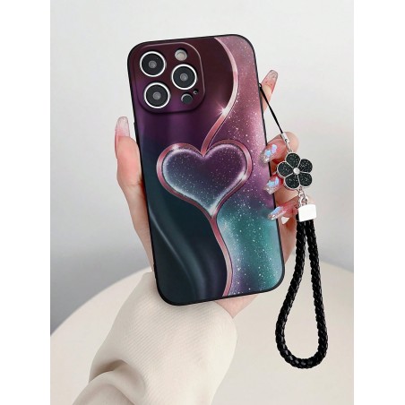 Adorable Coque de téléphone avec motif de cœur peint et lanière attachée, épaisse et anti-chute, convient pour le couverture de protection en silicone souple anti-choc pour iPhone - 28152756