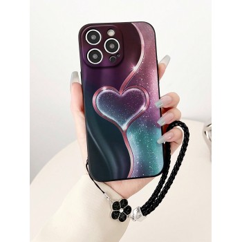 Adorable Coque de téléphone avec motif de cœur peint et lanière attachée, épaisse et anti-chute, convient pour le couverture de protection en silicone souple anti-choc pour iPhone - 28152756