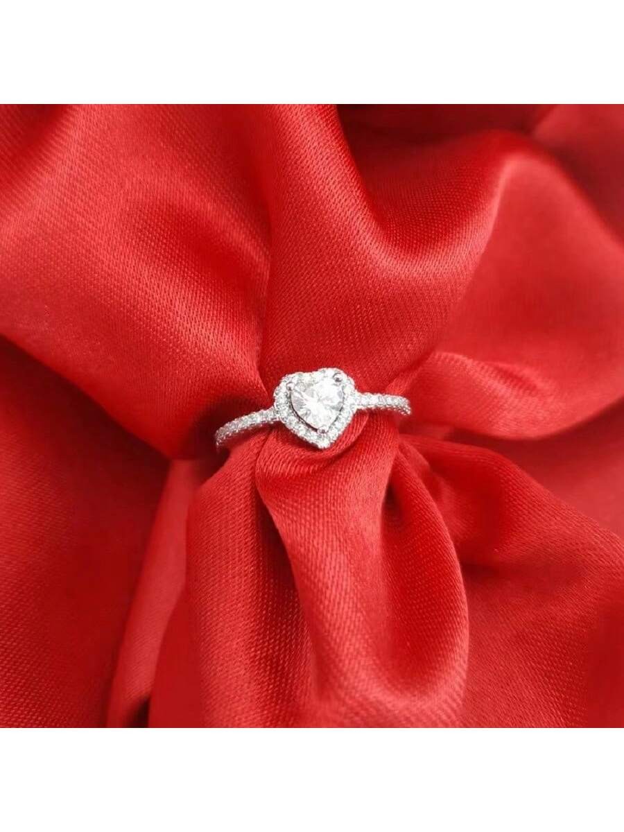 1 Pcs Bague Blanche En Cuivre Micro-incrusté En Forme De Cœur, Cadeau Parfait Pour Filles Ou Femmes - 24549451