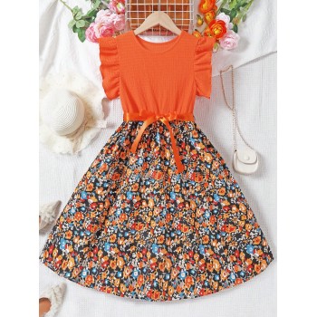 SHEIN Robe Imprimée À Fleurs Pour Fille Intermédiaire Avec Ceinture - 29686372