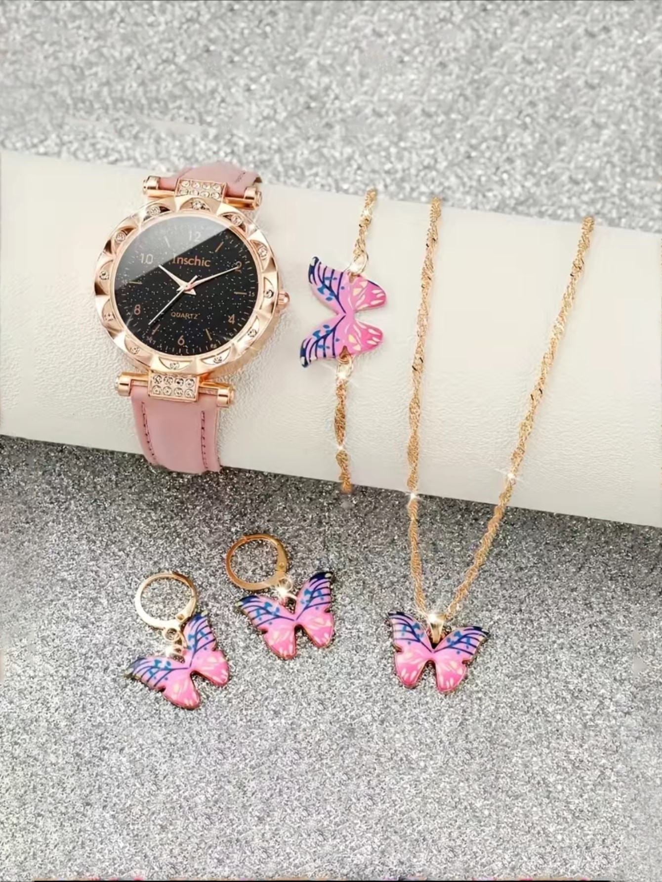 5 Pièces / Ensemble Montre Pour Filles Quartz Rhinestone Imitation & Ensemble De Bijoux Papillon, Cadeau Pour Enfants - 27784995