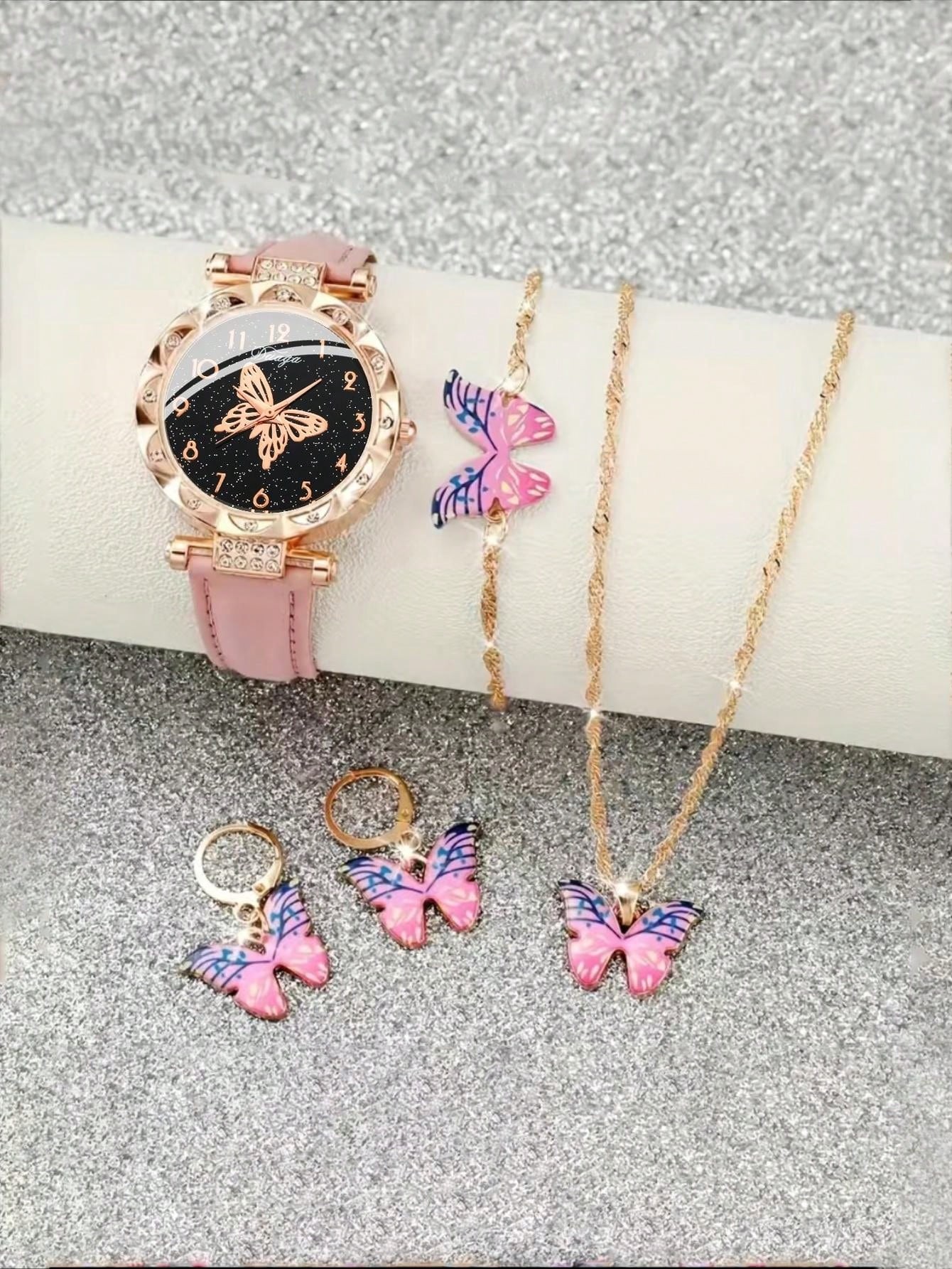 Montre À Quartz Pour Filles, 5 Pièces/ensemble, Pointeur, Bracelet Incrusté De Strass Et Ensemble De Bijoux Papillon, Cadeau Idéal Pour Les Enfants - 29102099