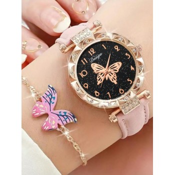 Montre À Quartz Pour Filles, 5 Pièces/ensemble, Pointeur, Bracelet Incrusté De Strass Et Ensemble De Bijoux Papillon, Cadeau Idéal Pour Les Enfants - 29102099