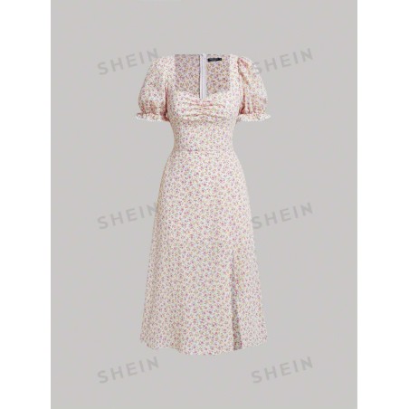 SHEIN MOD Robe à imprimé floral à ruchés fendu - 13156171