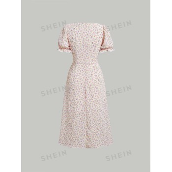 SHEIN MOD Robe à imprimé floral à ruchés fendu - 13156171