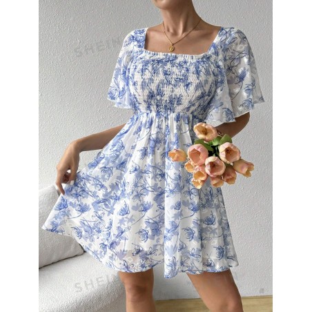 SHEIN Frenchy Robe Trapèze Imprimée Florale Avec Taille Empire Et Buste Enveloppé Pour Femmes En Été - 31631280