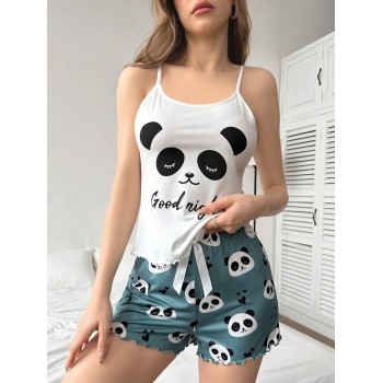 Ensemble De Pyjama Pour Dames Comprenant Un Haut Cami Imprimé Panda Et Lettres Et Un Short - 29347996