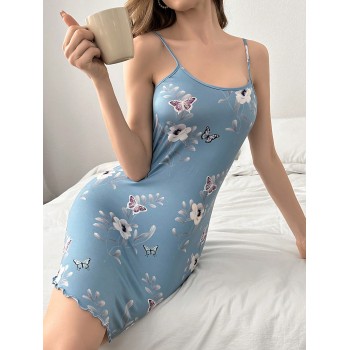 Robe de nuit à bretelles fines avec imprimé papillon et fleur pour femmes - 28969708