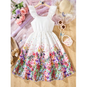 SHEIN Robe de fille préadolescente à manches courtes et ourlet fleuri mignon, décontractée et polyvalente - 29880424