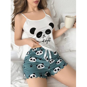 Ensemble De Pyjama Pour Dames Comprenant Un Haut Cami Imprimé Panda Et Lettres Et Un Short - 29347996