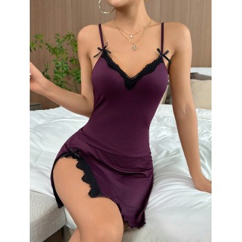 Nuisette de pyjama avec décoration de nœud et garniture en dentelle pour femme - 29741214