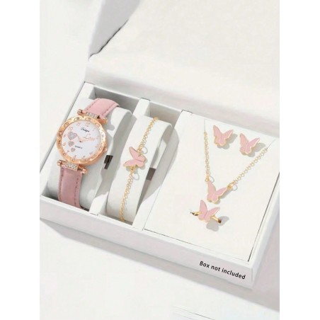 Ensemble de montre et bijoux papillon pour filles, 6 pièces, montre à quartz avec strass, cadeau pour enfants - 28106090