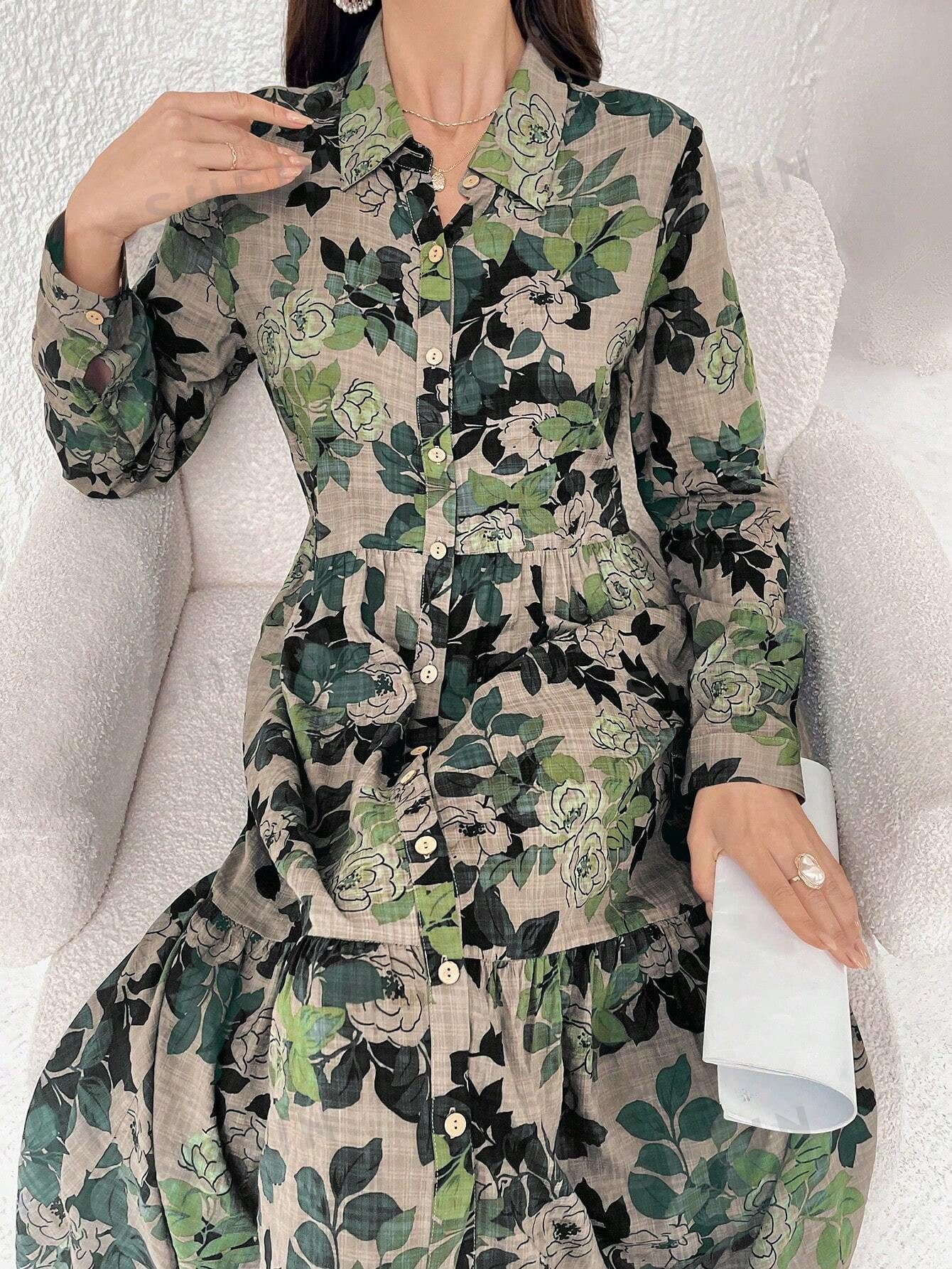 SHEIN Najma Robe à manches longues imprimée feuille pour femme, style vacances - 35946568