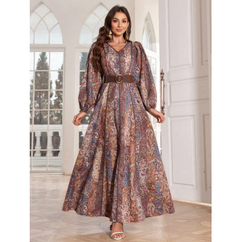 Robe caftan longue élégante avec manches lanterne de style arabe pour femmes au printemps / été avec imprimé de fleurs paisley et encolure en V - 33520119