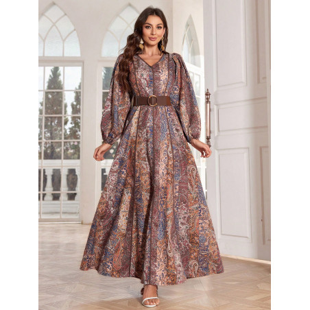 Robe caftan longue élégante avec manches lanterne de style arabe pour femmes au printemps / été avec imprimé de fleurs paisley et encolure en V - 33520119