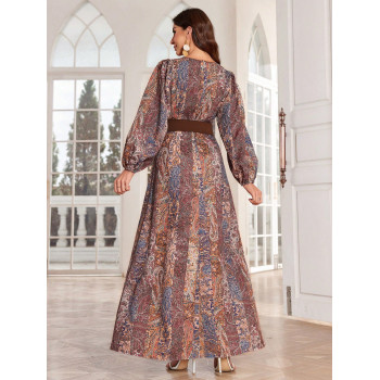 Robe caftan longue élégante avec manches lanterne de style arabe pour femmes au printemps / été avec imprimé de fleurs paisley et encolure en V - 33520119