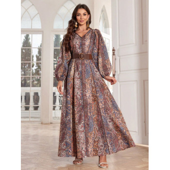 Robe caftan longue élégante avec manches lanterne de style arabe pour femmes au printemps / été avec imprimé de fleurs paisley et encolure en V - 33520119