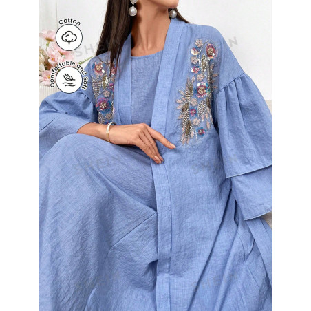 SHEIN Najma Manteau et robe à épaules tombantes brodées de fleurs - 37249818