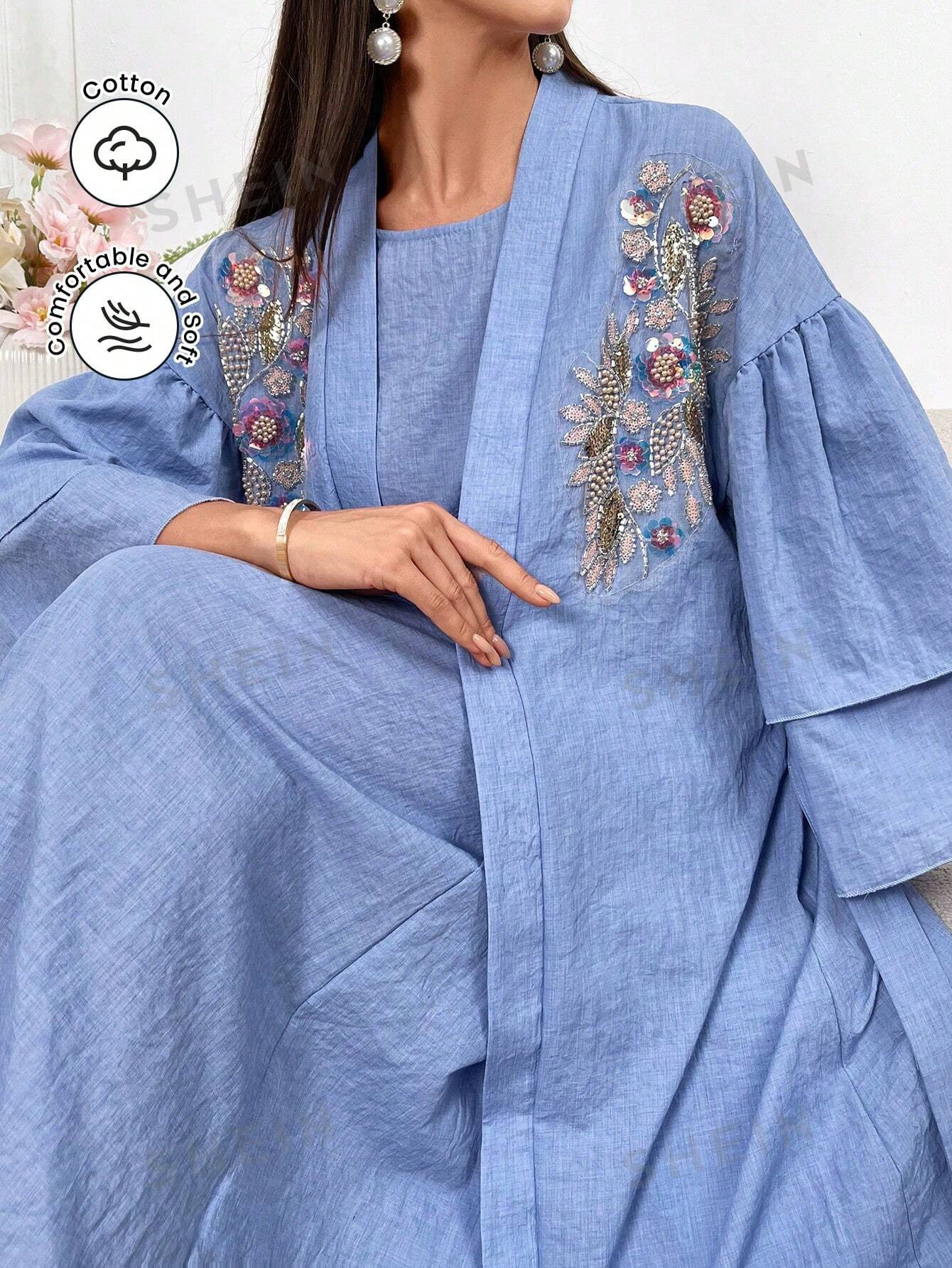 SHEIN Najma Manteau et robe à épaules tombantes brodées de fleurs - 37249818