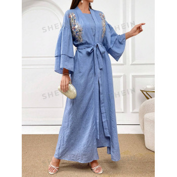 SHEIN Najma Manteau et robe à épaules tombantes brodées de fleurs - 37249818