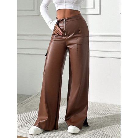 Pantalon en PU Cargo Pour Femmes Avec Poches - 26622634