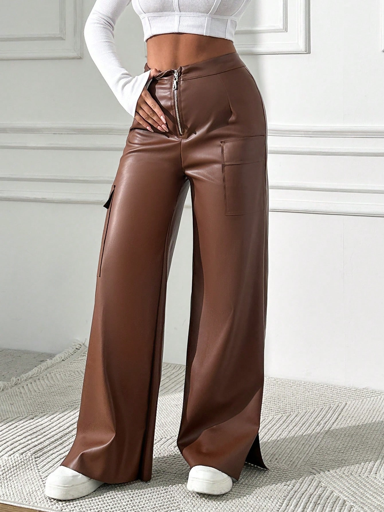 Pantalon en PU Cargo Pour Femmes Avec Poches - 26622634