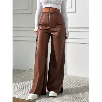 Pantalon en PU Cargo Pour Femmes Avec Poches - 26622634