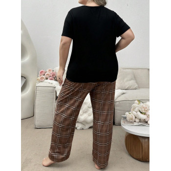 Ensemble De Pyjama À Manches Courtes Avec Imprimé Ours En Peluche Inversé Pour Femmes De Grande Taille Avec Pantalon À Carreaux - 29416633