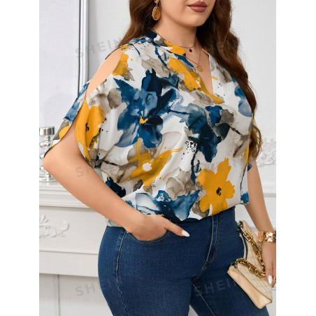 SHEIN Clasi Chemisier d'été grande taille décontracté à épaules ouvertes et imprimé floral avec encolure à encoche - 35582446