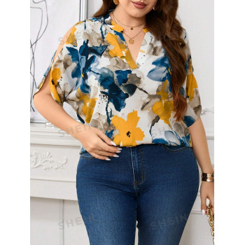 SHEIN Clasi Chemisier d'été grande taille décontracté à épaules ouvertes et imprimé floral avec encolure à encoche - 35582446