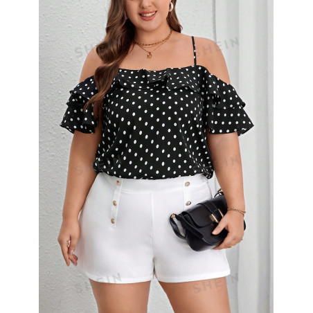 SHEIN Privé Blouse Ample Élégante À Pois À Épaules Creusées Et Manches À Double Volant Superposé, Grande Taille, Idéale Pour Les Rendez-vous Romantiques, Le Port Quotidien Et Les Voyages De Printemps Et D'été - 29860451