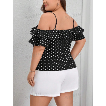 SHEIN Privé Blouse Ample Élégante À Pois À Épaules Creusées Et Manches À Double Volant Superposé, Grande Taille, Idéale Pour Les Rendez-vous Romantiques, Le Port Quotidien Et Les Voyages De Printemps Et D'été - 29860451